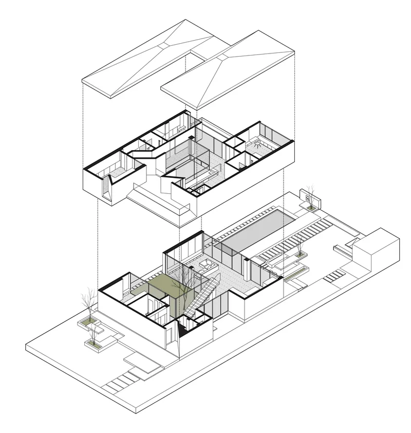 Exploded axonometric drawing showing three floor levels with sloped roof forms above