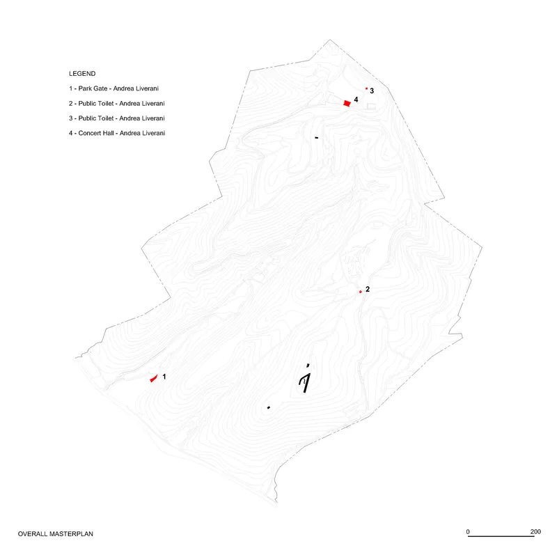 Site plan drawing with topographic contours and numbered markers indicating structure locations