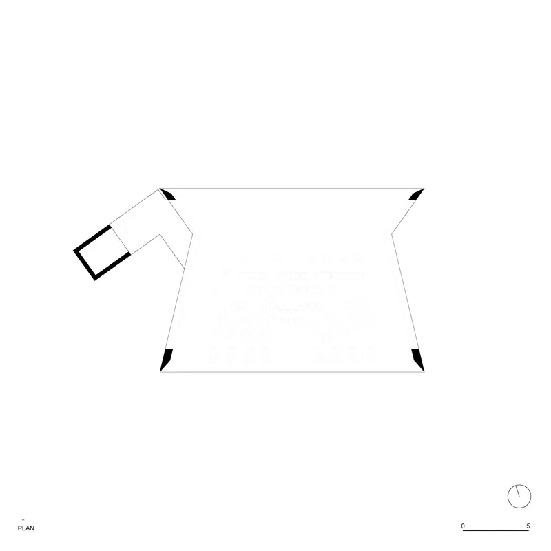 Plan drawing of a trapezoidal structure with an angled corner volume projecting from the main form
