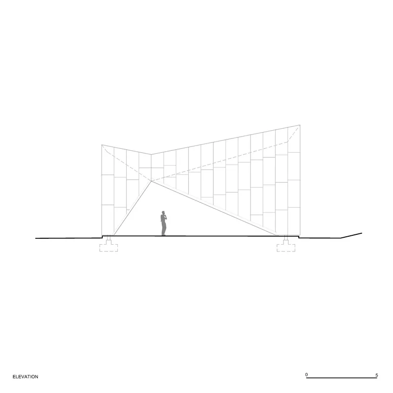 Elevation drawing of a faceted glass and steel facade with a standing figure for scale