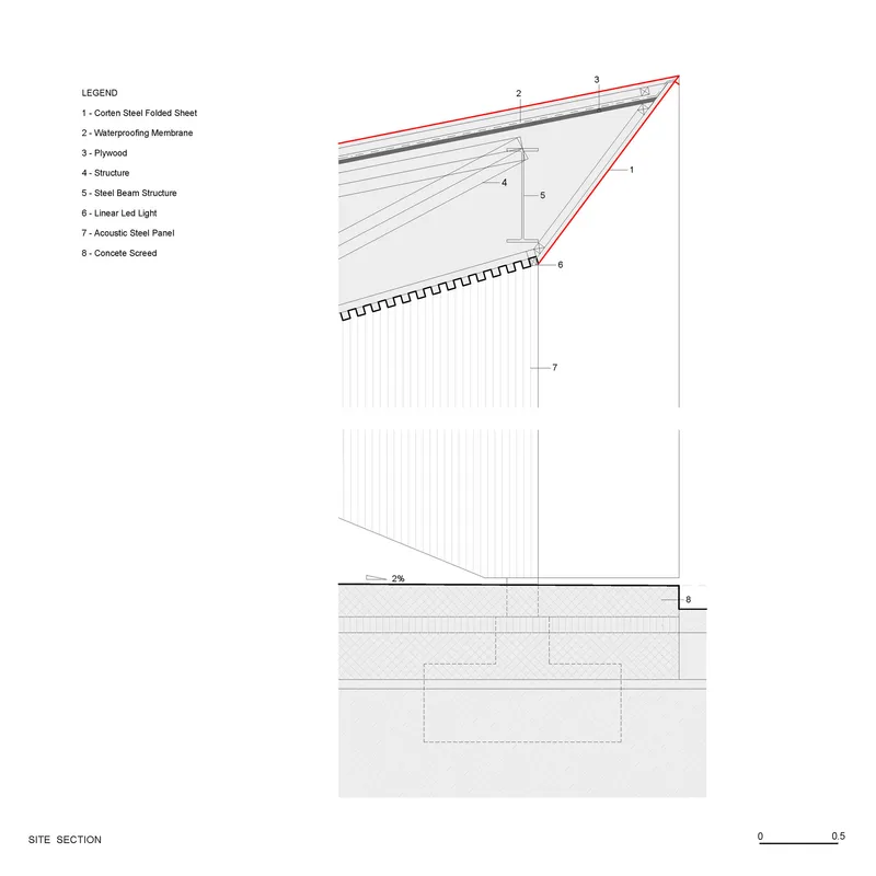 Detail section drawing showing the sloped roof assembly with steel beams and vertical acoustic panel wall