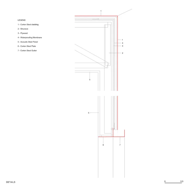 Detail drawing of the folded steel roof edge and vertical cladding connection with labeled material layers