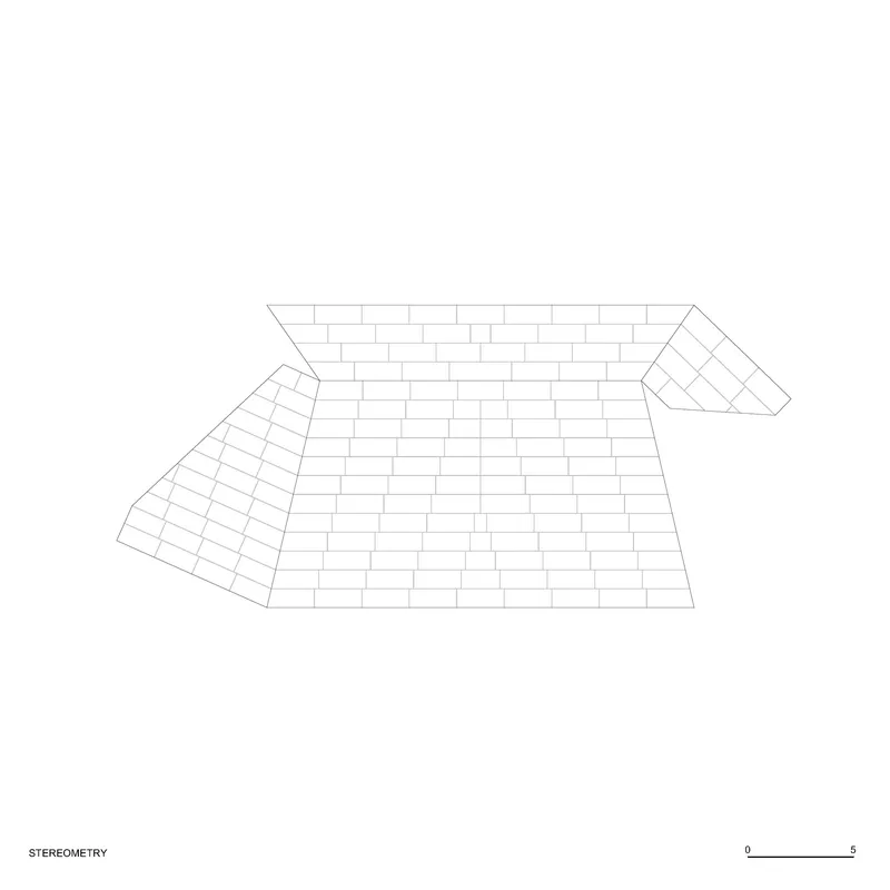 Axonometric drawing showing a tiled roof with two angled wings extending from a central rectangular section