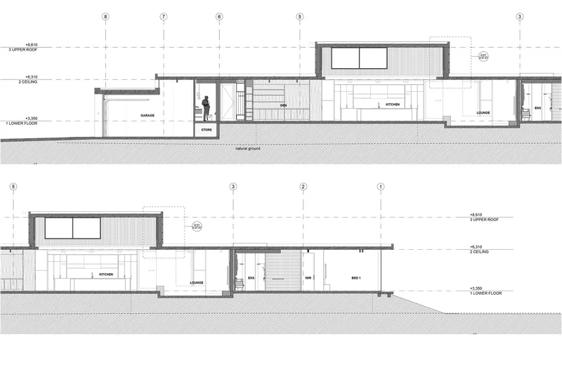 Section drawings showing split-level volumes with garage, living spaces and upper bedroom wing