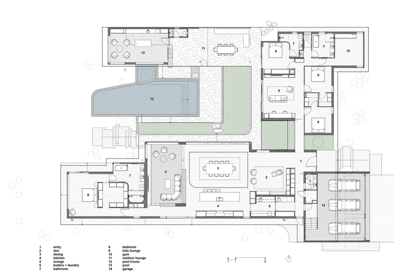 Floor plan drawing showing L-shaped residence with pool and courtyard arrangement