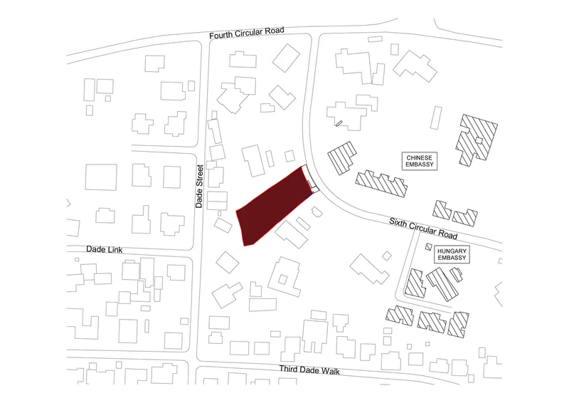 Site plan drawing highlighting the building footprint in relation to neighboring embassy complexes