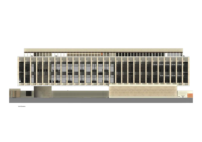 Front elevation drawing depicting a glass curtain wall with vertical mullions over a solid concrete base