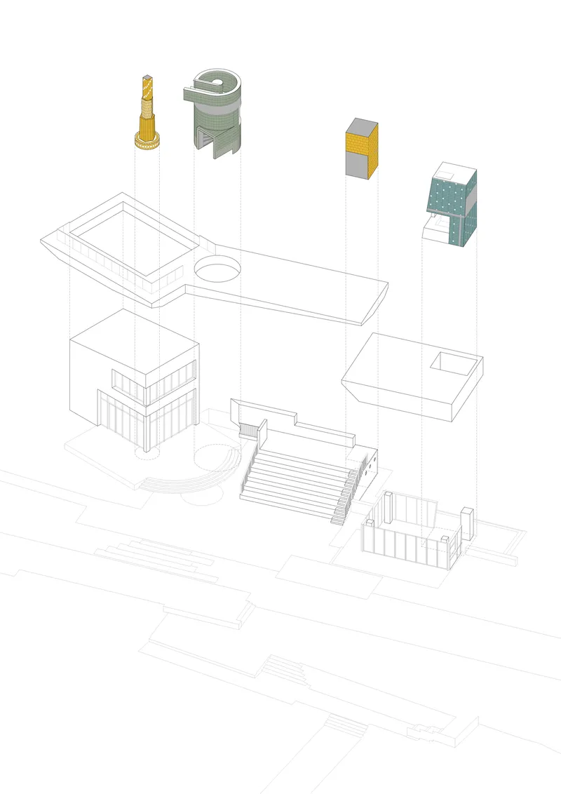 Exploded axonometric drawing showing building components separated vertically with materials highlighted in color
