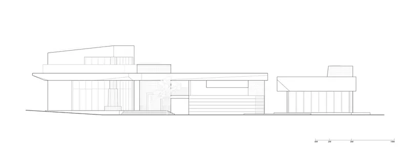 Elevation drawing displaying a horizontal composition of interconnected volumes with vertical slatted screens