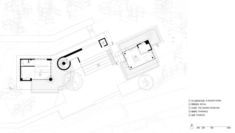 Site plan drawing showing three building volumes arranged among existing trees and pathways