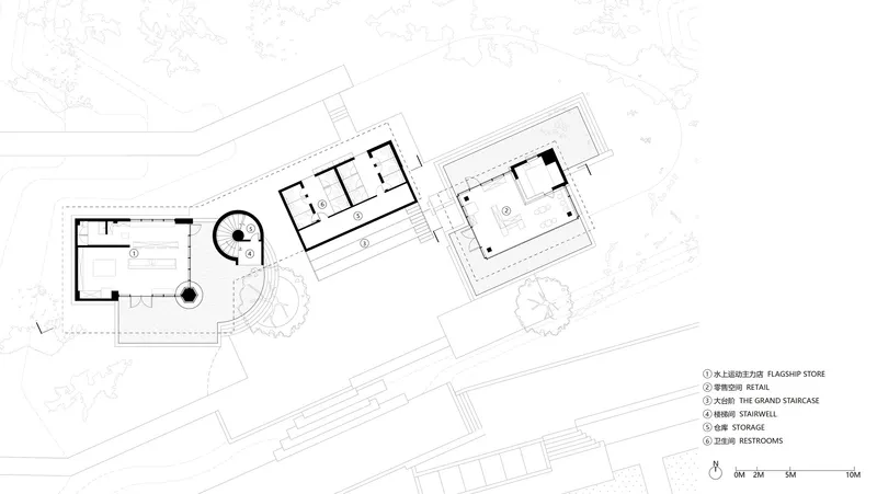 Floor plan drawing depicting three structures with a central staircase volume and surrounding landscape elements