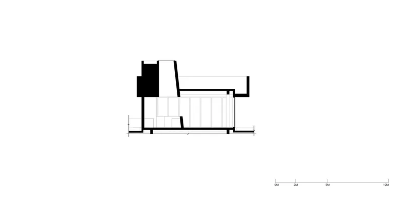 Section drawing showing interior spaces with a stepped floor and exposed roof structure