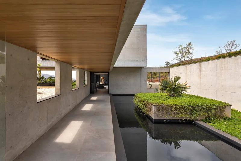 Covered walkway alongside a reflecting pool with timber ceiling and planted courtyard walls