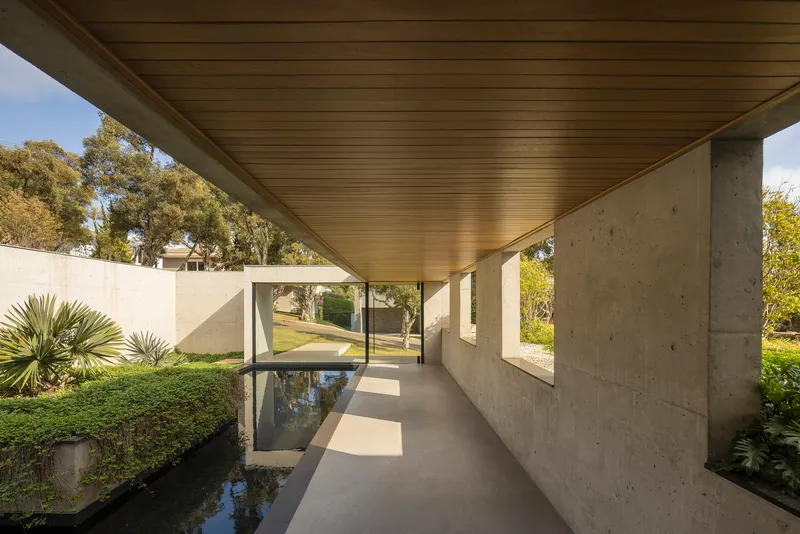 Covered concrete walkway with timber ceiling and reflecting pool flanked by planted beds