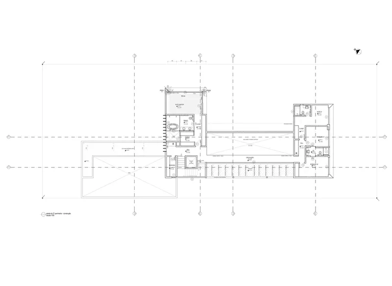 Floor plan drawing illustrating two-story spaces connected by stairs and separated by open courts