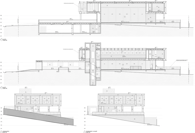 Section drawings showing multi-level spaces with varying ceiling heights and sloped site conditions