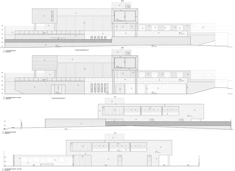 Elevation drawings revealing staggered volumes stepping down a sloping terrain with horizontal fenestration