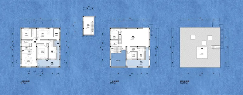 Floor plan drawings showing three levels of a residence with tower element and labeled rooms