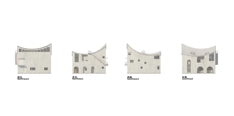 Elevation drawings of four facades showing arched openings and curved roofline with varied window placements