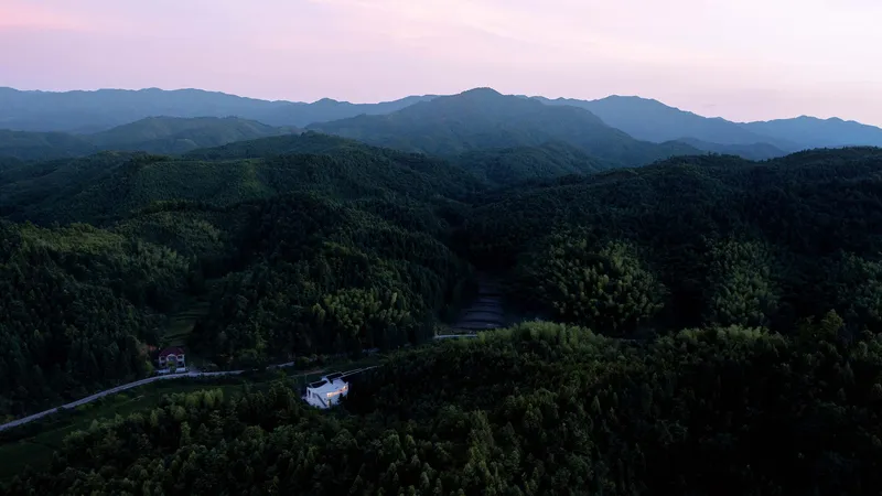 Wide aerial perspective of the residence in dense forest at dusk with mountains in the distance