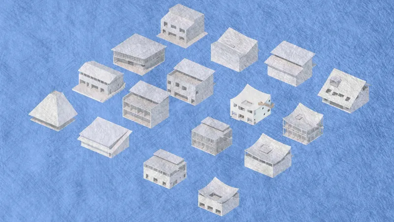 Axonometric drawing of seventeen varied building volumes scattered across a blue ground plane