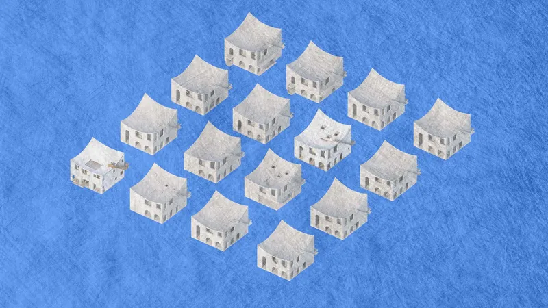 Axonometric drawing of seventeen cubic building volumes with arched openings arranged in a cluster