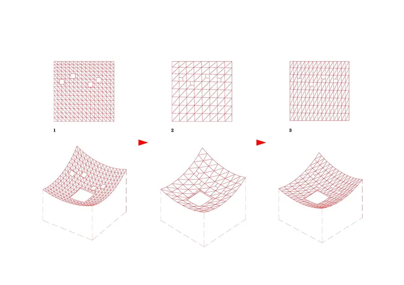Diagram illustrating three grid patterns transforming into draped roof surfaces with central openings