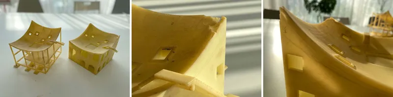 Three views of a physical model showing timber structure supporting a draped yellow fabric roof