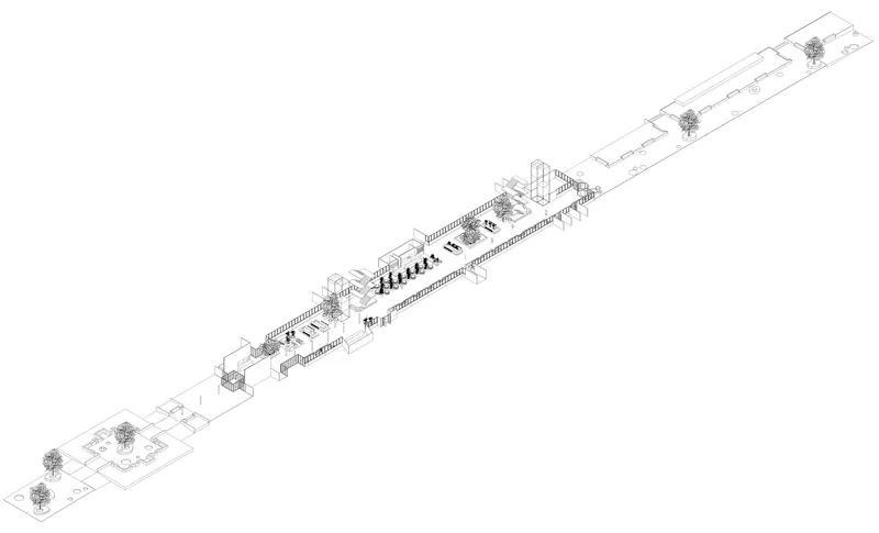 Axonometric drawing showing a linear building complex with planted courtyards and central volumes