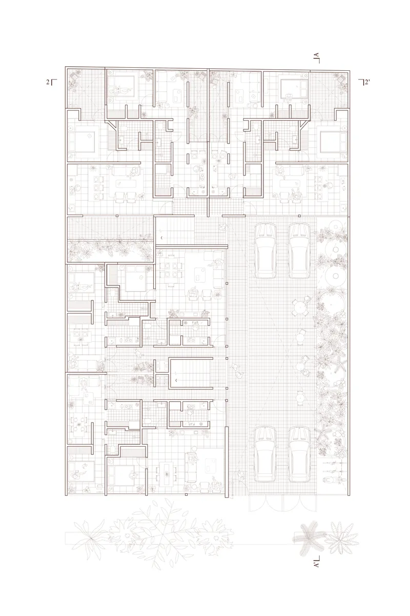 Floor plan drawing showing residential units organized around planted courtyards and circulation zones