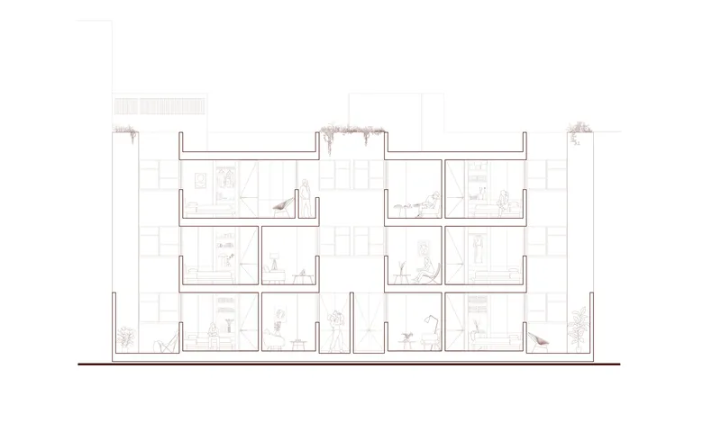 Section drawing revealing stacked dwelling units with planted roof terraces and internal courtyards