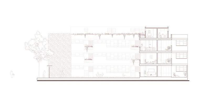 Section drawing showing the building massing with street tree, planted facade and rooftop greenery