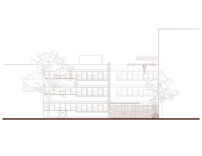 Elevation drawing showing a three-story rectangular building with horizontal bands of windows and surrounding trees