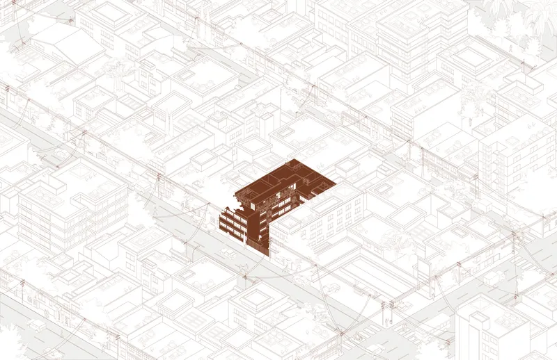 Axonometric drawing highlighting a single multistory building within a larger urban block context