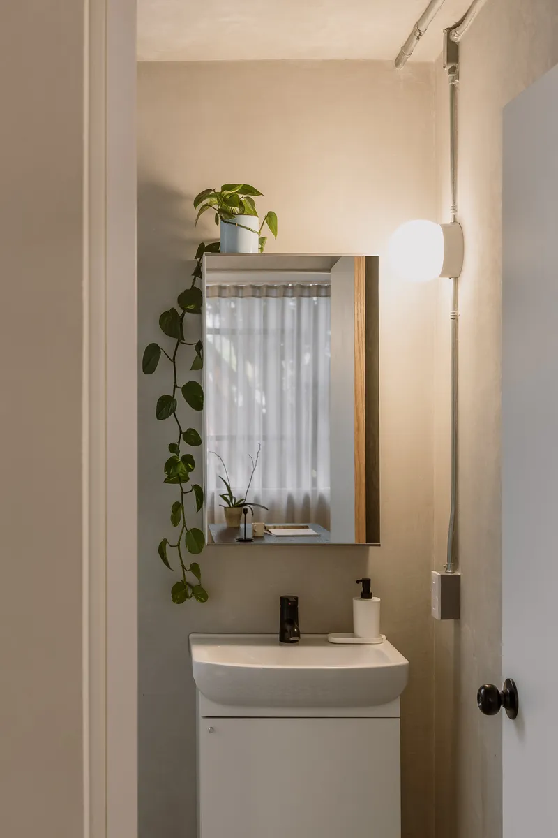 Bathroom vanity with timber-framed mirror and trailing pothos plant beside exposed electrical conduit