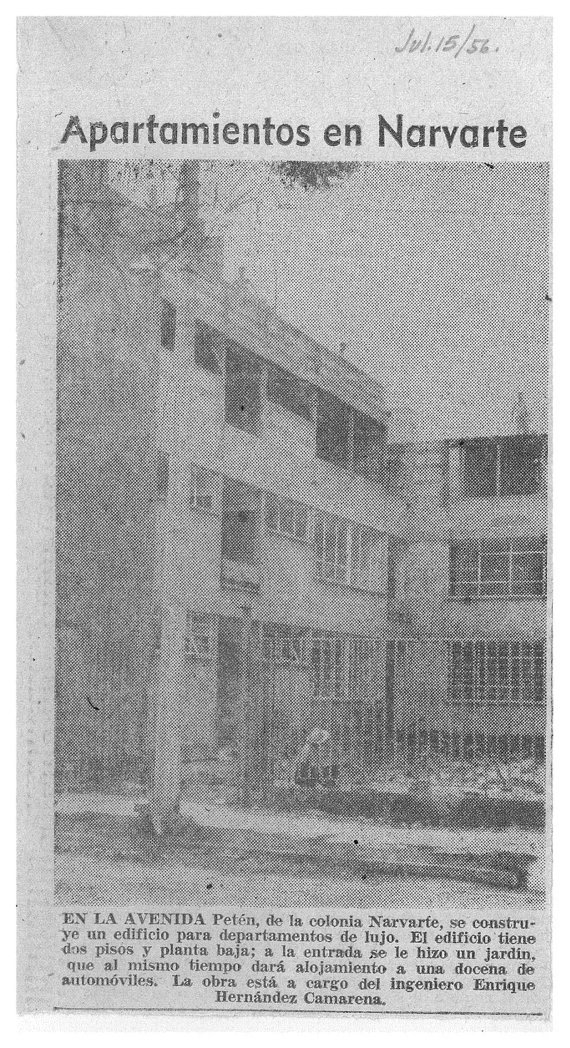 Archival newspaper clipping showing a multistory housing block with projecting volumes