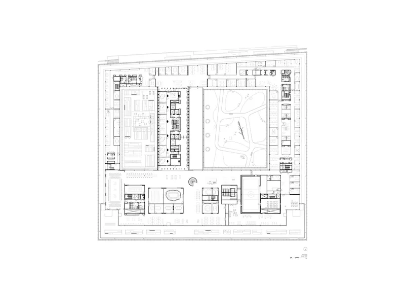Floor plan drawing showing a square layout with central courtyard and distributed program blocks