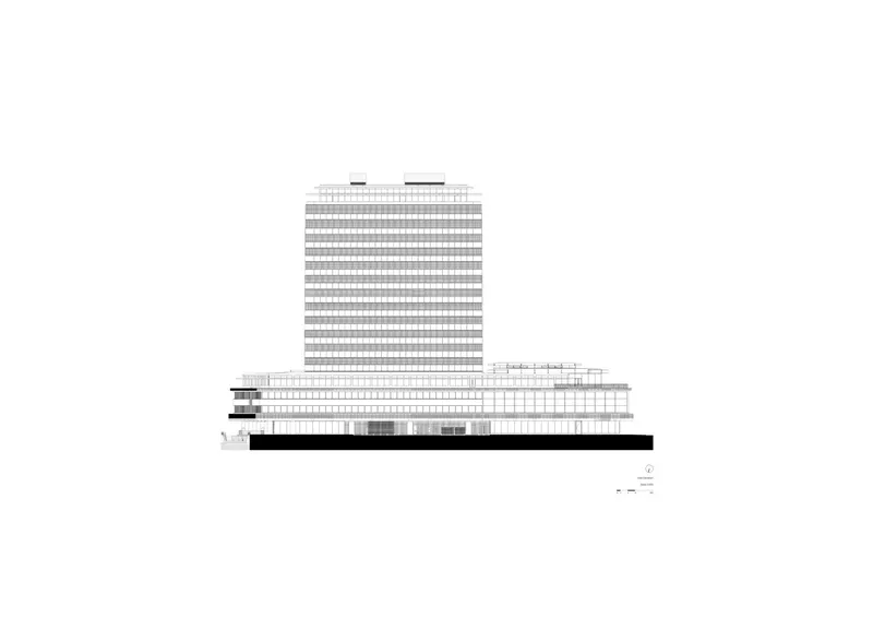 Elevation drawing showing the tower centered on a long horizontal base with dark plinth