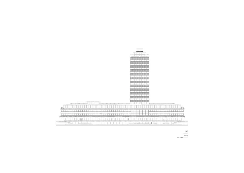 Elevation drawing showing a tall tower rising from a horizontal podium base