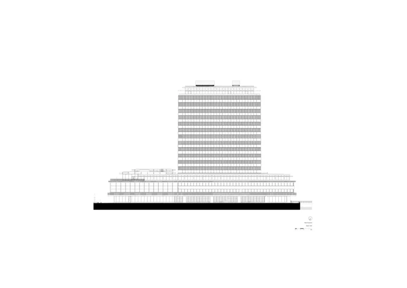 Section drawing revealing the internal floor plates of the tower and horizontal wing