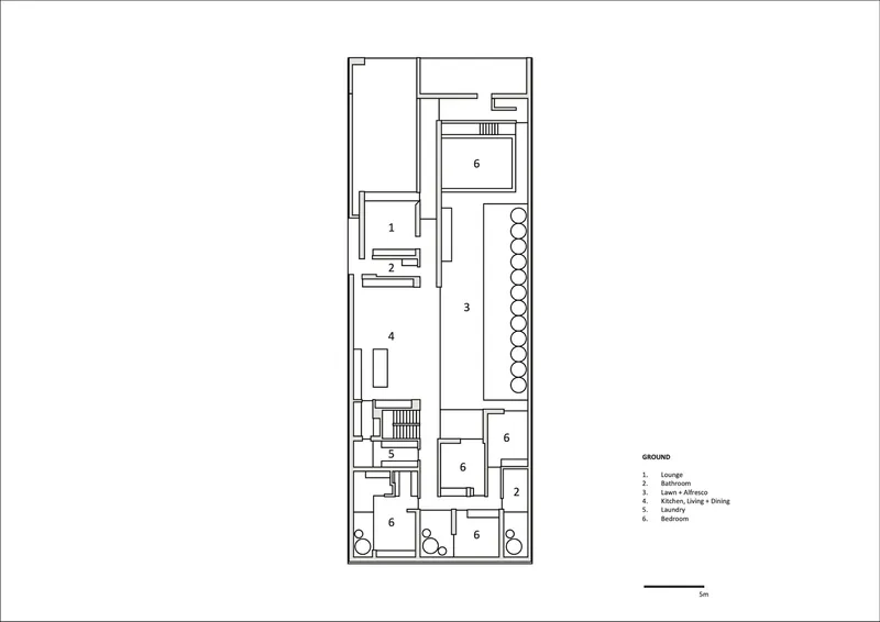 Ground floor plan showing lounge, kitchen, dining room and multiple bedrooms with central staircase