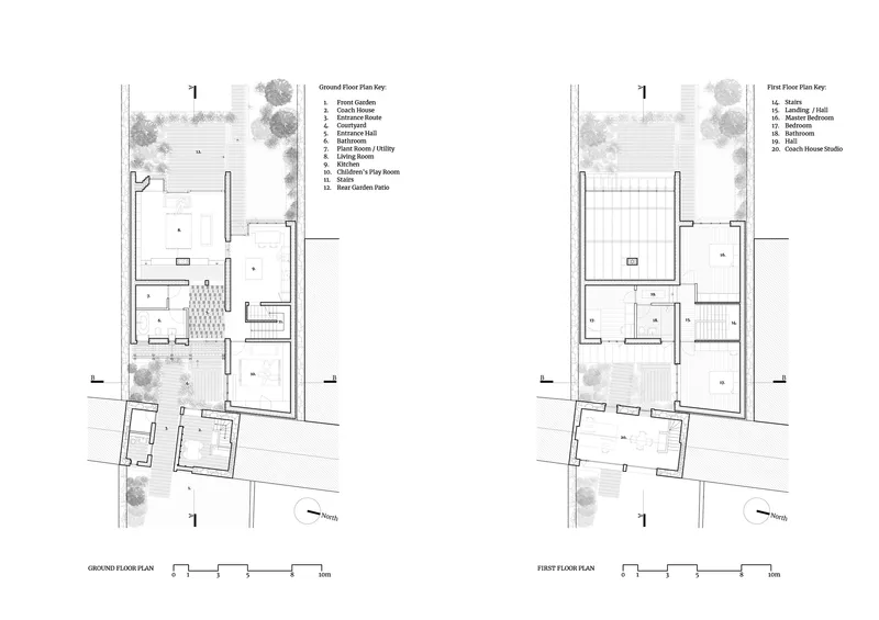 Ground floor and first floor plan drawings showing room layouts with garden and courtyard spaces
