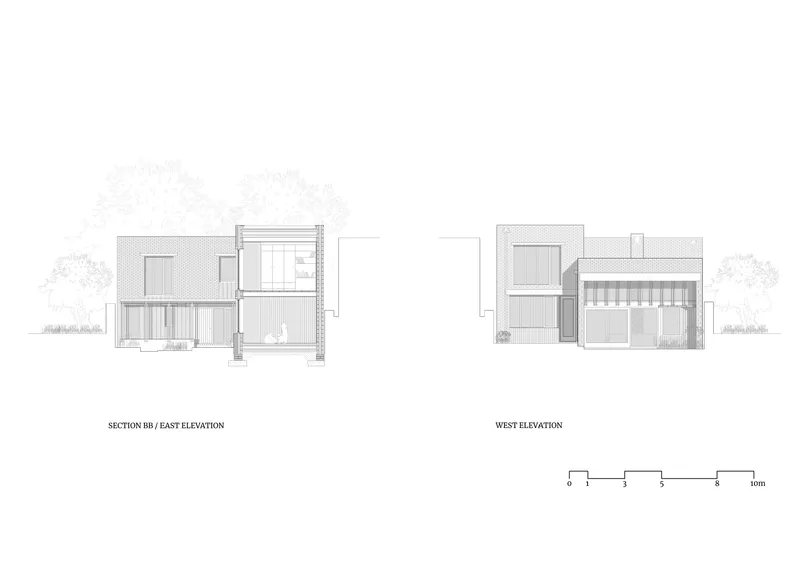 Section and elevation drawings showing the two-storey volume with surrounding trees and material hatching