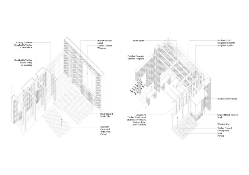 Exploded axonometric drawing showing layered construction assembly with timber framing and concrete beam components