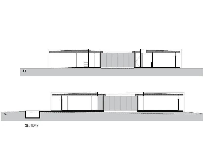 Section drawings showing flat roof profile and central slatted courtyard space between flanking volumes