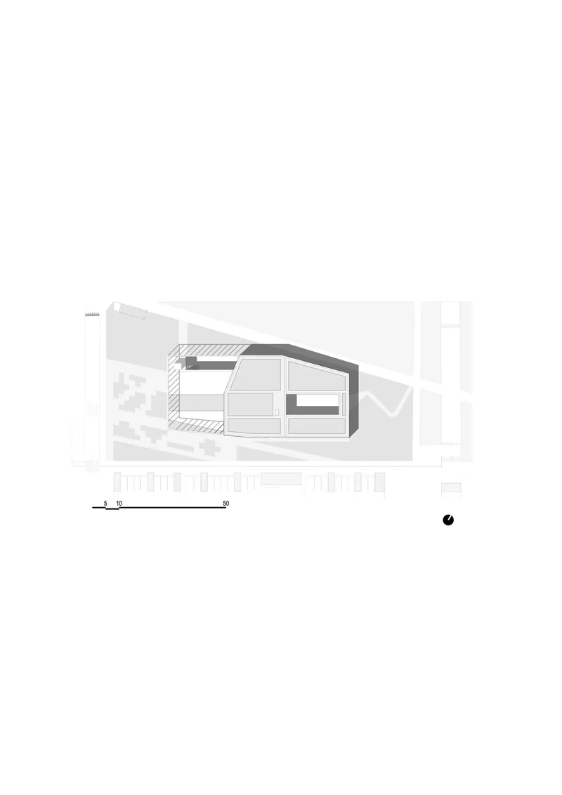 Site plan drawing illustrating the angled roof form and adjacent street context