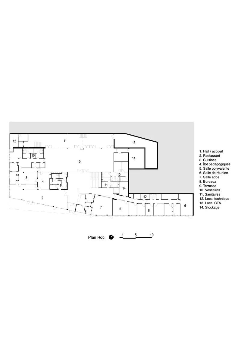 Ground floor plan with numbered room labels and legend showing restaurant and educational spaces