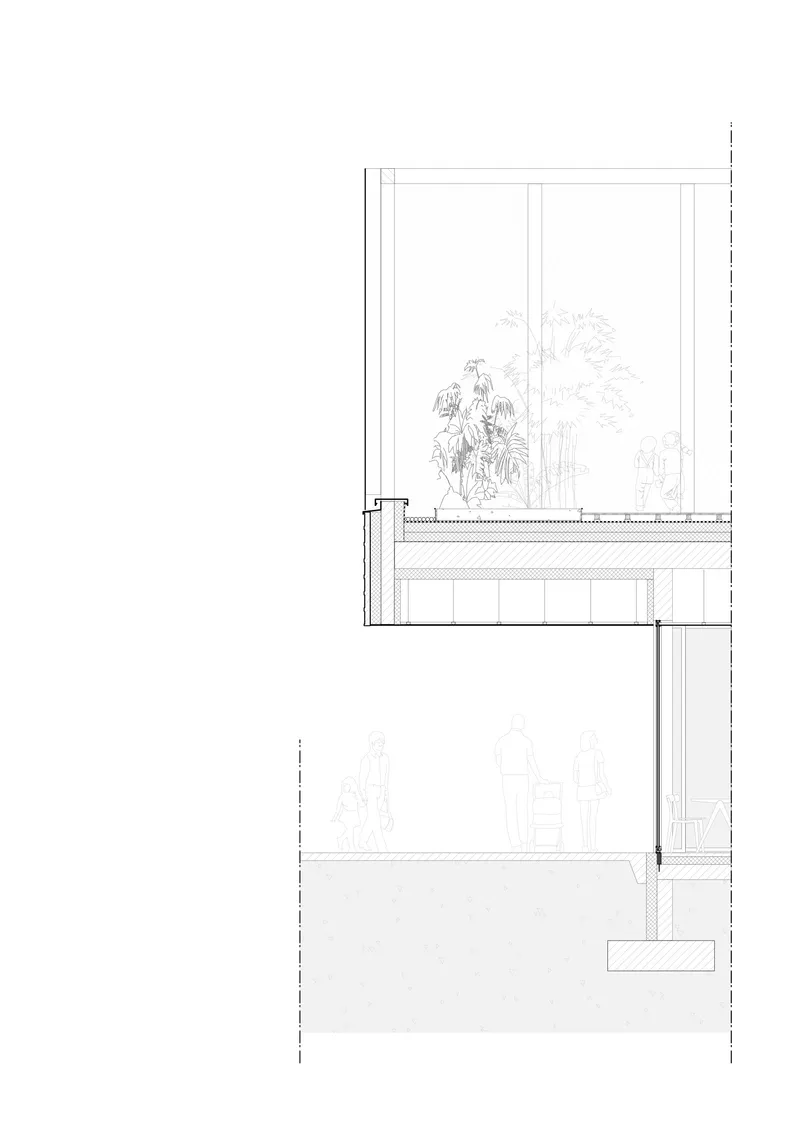 Section drawing showing a planted terrace above a double-height space with figures for scale