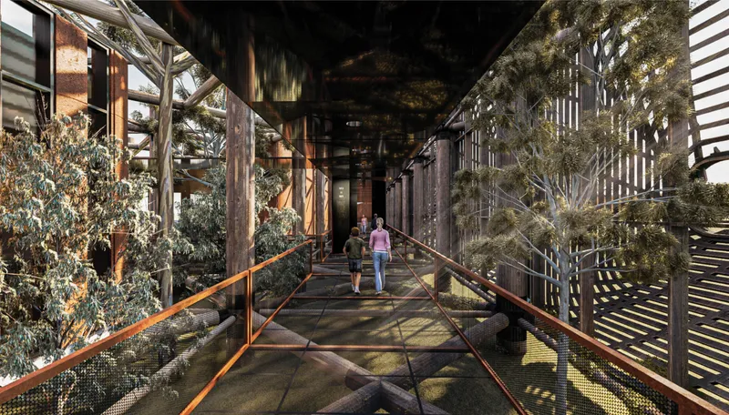 Immersive circulation bridges visitors through layered biophilic spaces designed to minimize disturbance to wildlife habitats.