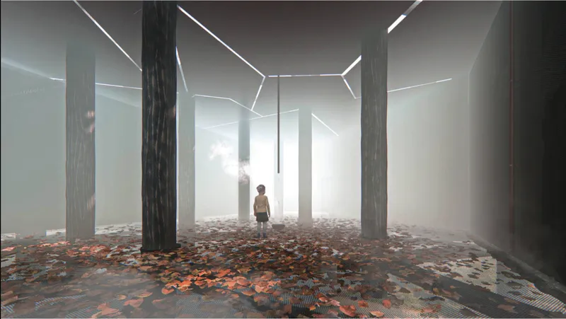 The Sensory Forest transforms reclaimed burnt timber into an emotional memorial space reflecting the trauma of habitat destruction.
